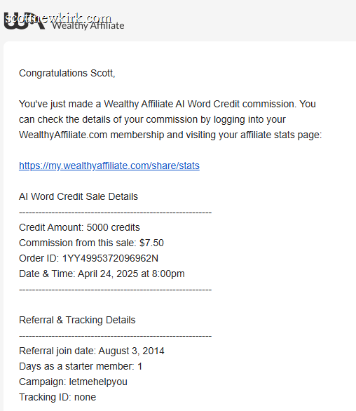 Wealthy Affiliate AI credit purchase commission email