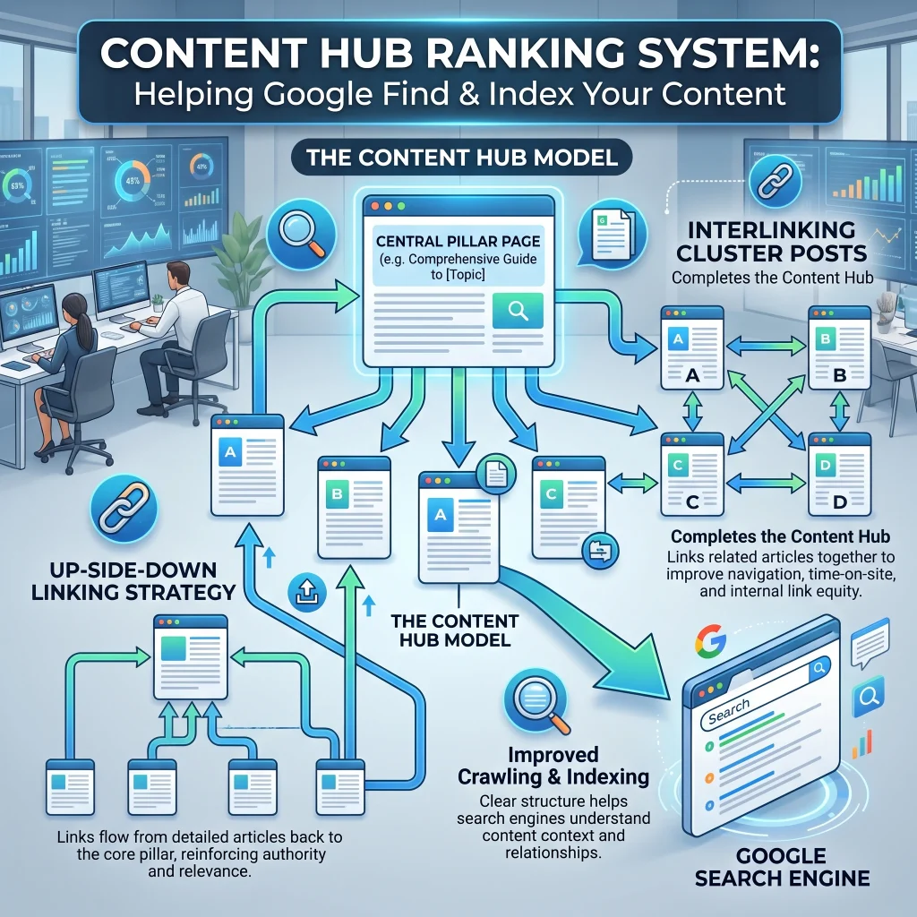 Content hub system with up side down internal linking