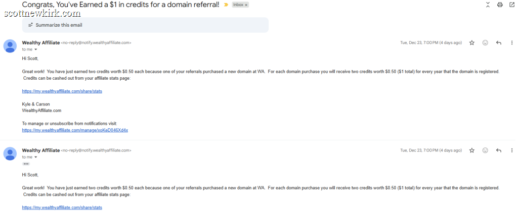 Wealthy Affiliate domain referral commission email