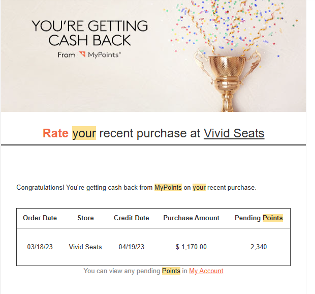 MyPoints cash back on Taylor Swift tickets - Vivid Seats $1,170 purchase, 2,340 points