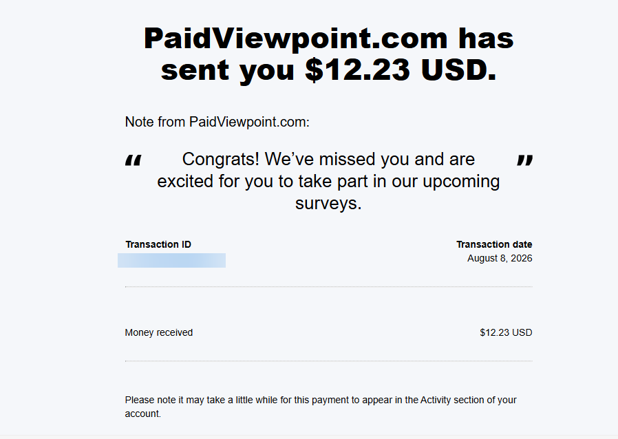 PaidViewpoint $12.23 PayPal cashout received in about one hour