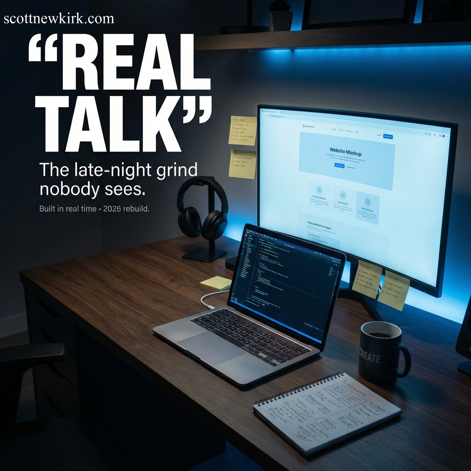 Late-night desk scene representing the behind-the-scenes grind