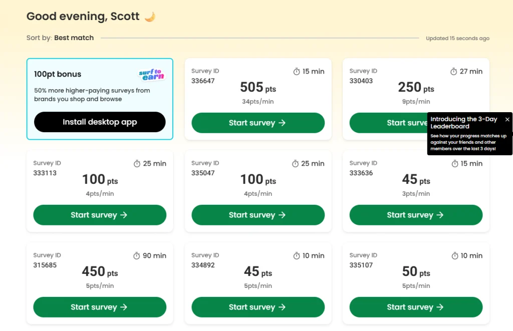 Survey Junkie dashboard showing surveys with points and estimated time upfront