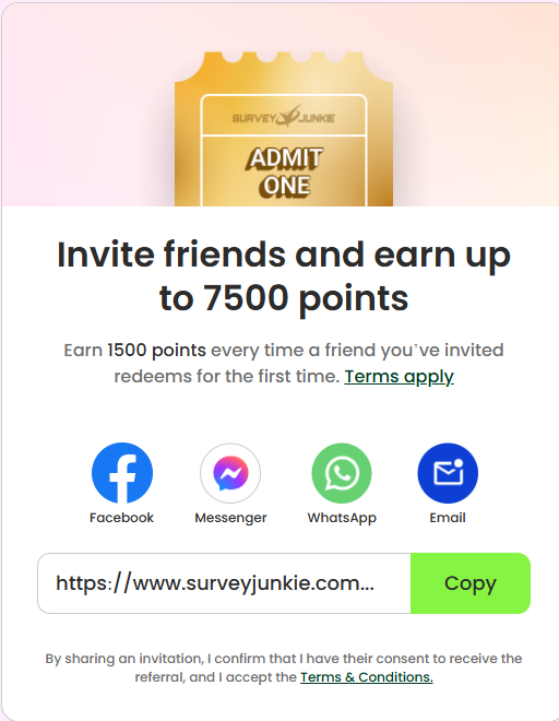 Survey Junkie referral program - 1,500 points per friend who cashes out