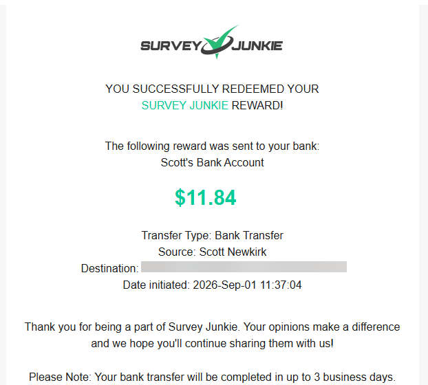 Survey Junkie $11.84 bank transfer redemption confirmation email