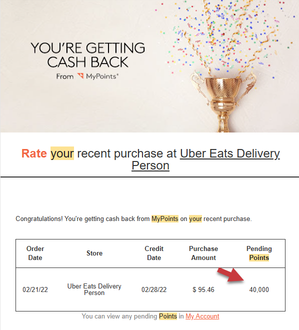 MyPoints Uber Eats signup offer - 40,000 points ($250) credited
