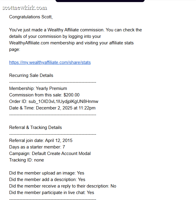 Recent Wealthy Affiliate recurring commission example