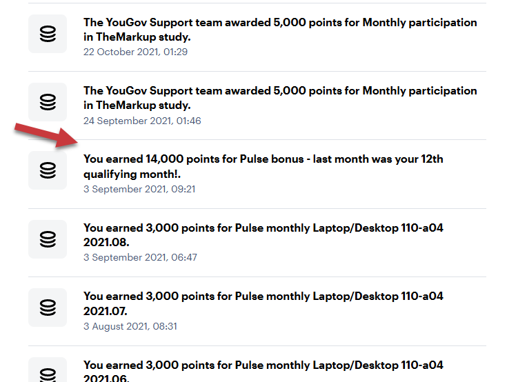 YouGov earnings history showing monthly research study bonuses