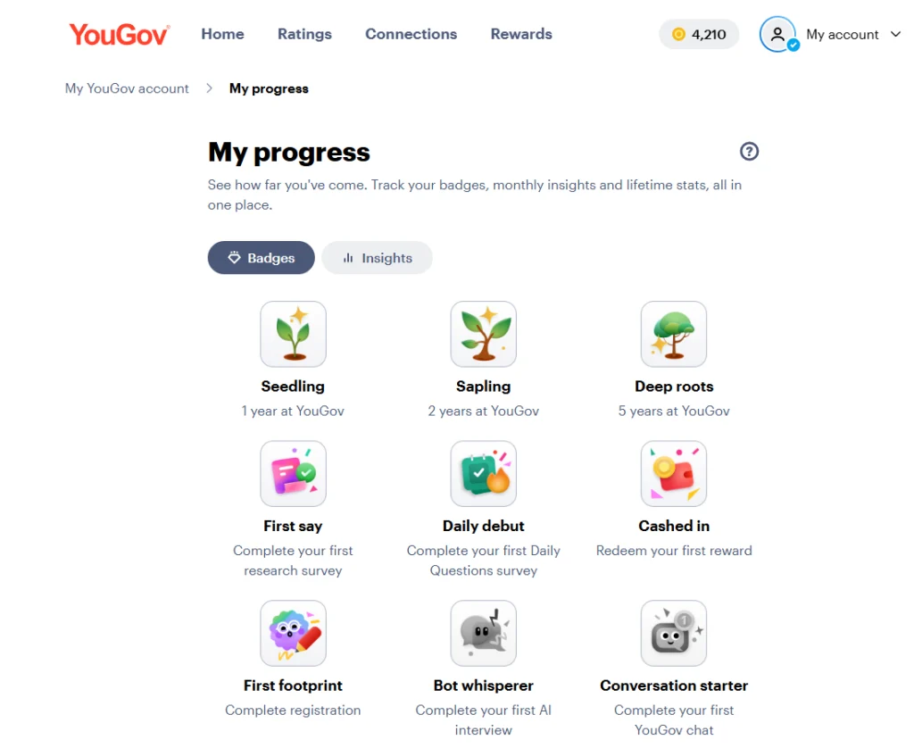 YouGov member badges including the Deep Roots 5-year badge