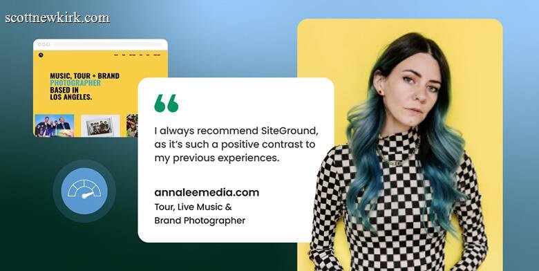 A testimonial for SiteGround featuring photographer Anna Lee, a quote, and a preview of her website.