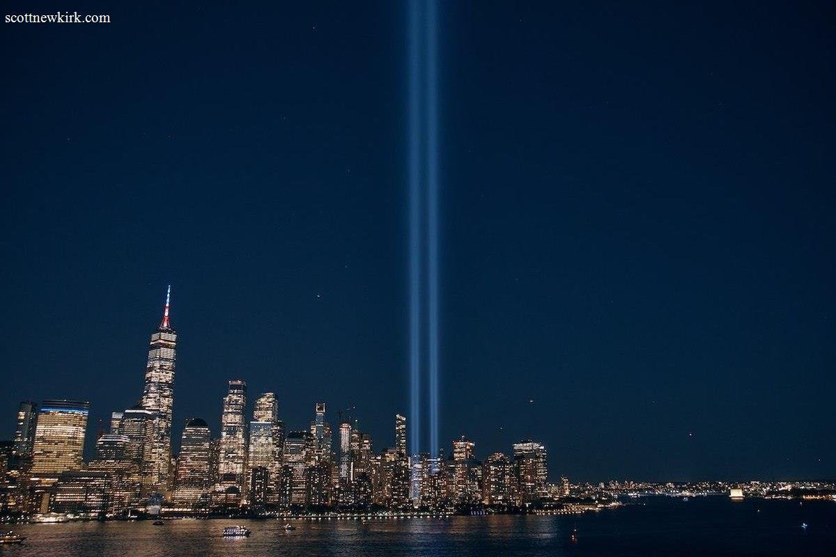 JERSEY CITY, NEW JERSEY - SEPTEMBER 11: The 9/11 Tribute in Light installation is seen during the 25th anniversary of the September 11th terrorist attacks on the World Trade Center, on September 11, 2026 as seen from Jersey City, New Jersey. The United States is marking the 25th anniversary of the terrorist attacks of September 11, 2001, when a group of al-Qaeda hijackers flew airplanes into the World Trade Center, Shanksville, Pennsylvania, and the Pentagon, killing nearly 3,000 people. (Photo by Andres Kudacki/Getty Images)